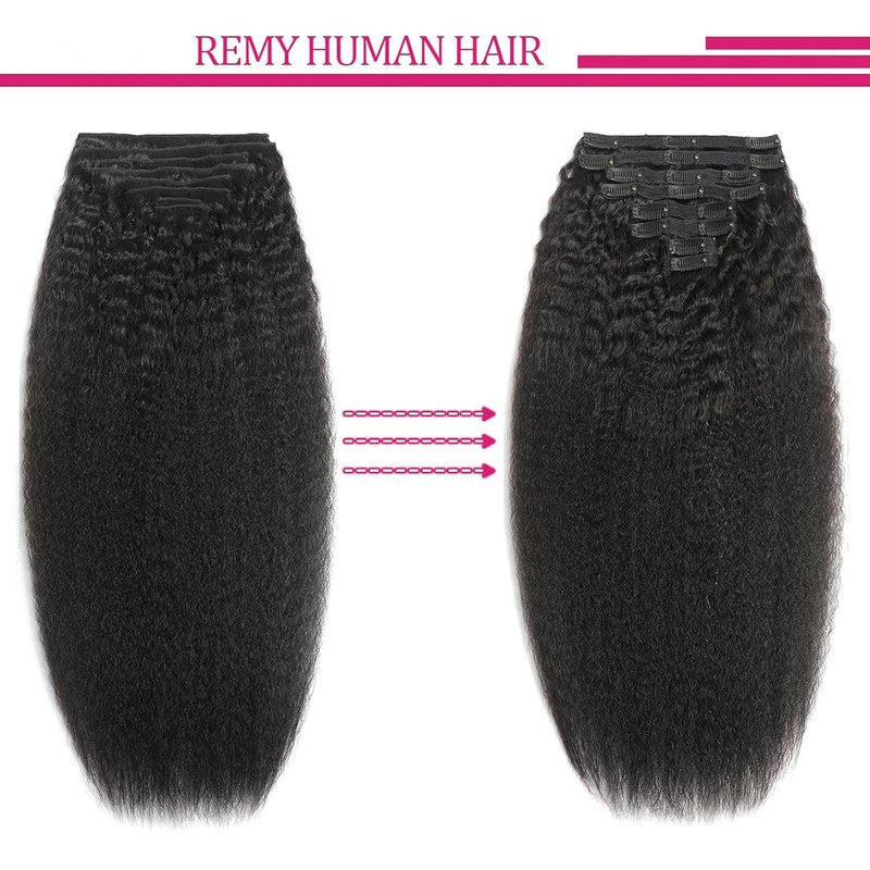 Real Human Hair Clip In Extensions - 20 Inch Kinky Straight, 120g, Full Head, Natural Black