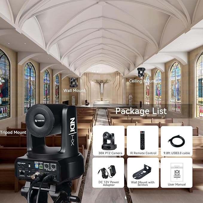 TONGVEO NDI AI Auto-Tracking IP PTZ Camera SDI/HDMI/USB3.0/LAN PoE 30X Optical + 8X Digital Zoom 1080P 60fps for Live Streaming Church Services Education Video Conference with OBS vMix and More