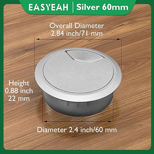 EASYEAH 2 Pcs Desk Grommet 2-3/8" / 60 mm, Desk Cord Hole Cover, Cable Grommet ABS Plastic, Desk Hole Grommet for Home & Office Pc, Detachable Adjustable Cable Cord Organizer-Silvery