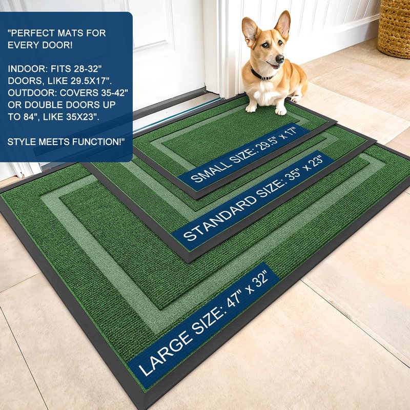 OLANLY Front Door Mat Indoor Outdoor Entrance, Waterproof All-Season, All-Weather Doormat, Sturdy Natural Rubber, Fade Resistant, Low Profile, Easy Clean Patio Porch Entryway Mat, 47x23, Green