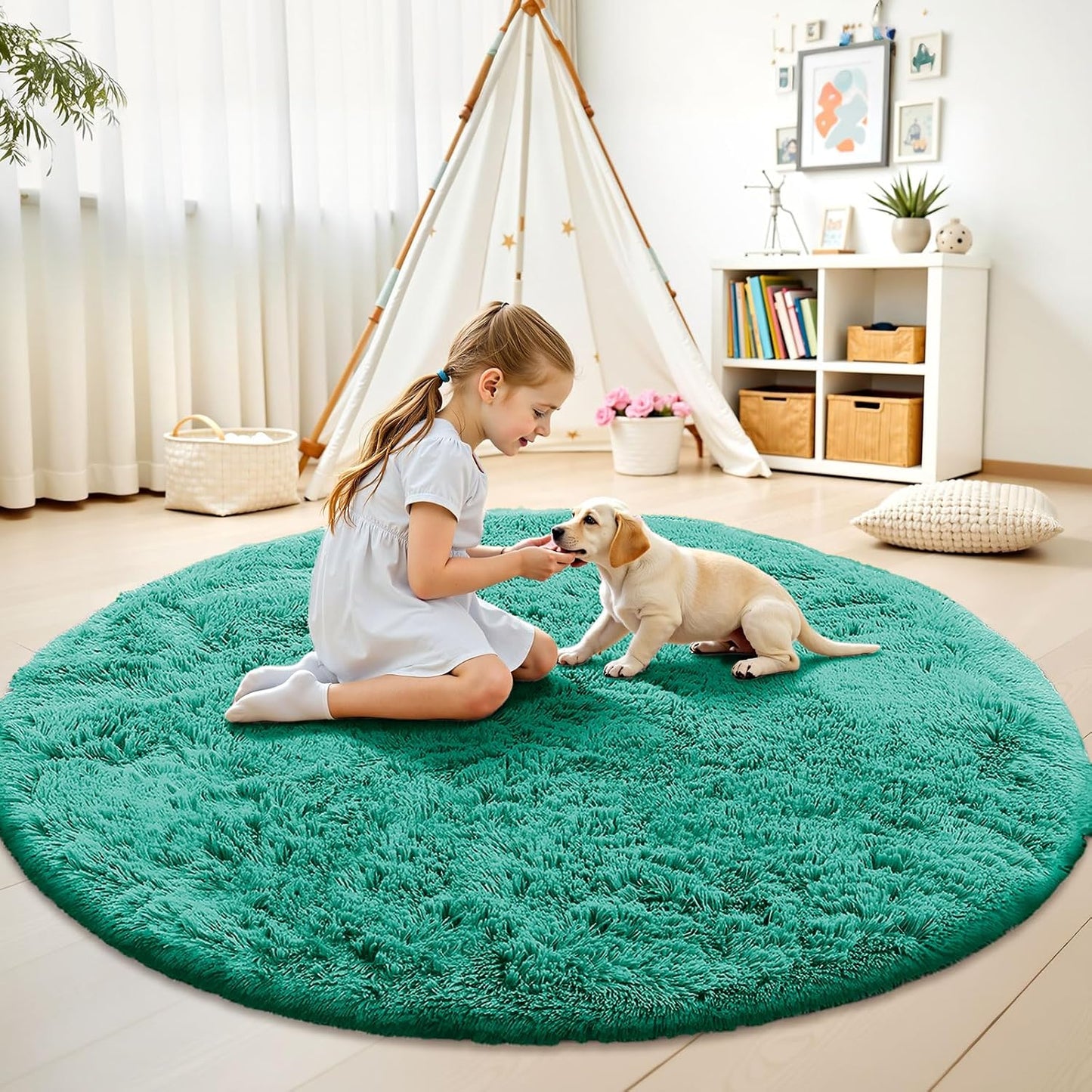 OLANLY Teal Green Round Rug - Soft, Machine Washable 7 ft Shaggy Area Carpet for Bedroom & Living Room Decor