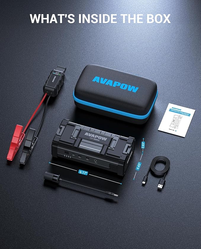 AVAPOW 6000A Car Battery Jump Starter Portable (12V DC Output for All Gas or up to 12L Diesel), Jump Box for Car Battery with USB3.0 Power Bank, Jump Pack with SOS Bright Light