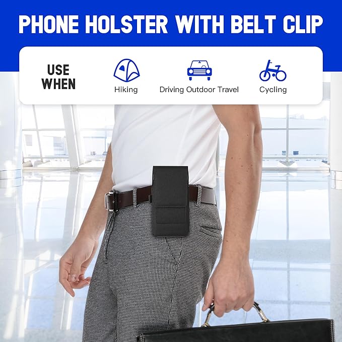 for iPhone 17 Pro Max Air 16/15/14/13/12/11 Pro Max Nylon Cell Phone Pouch Holster Case with Belt Clip Cover Holder for Galaxy S25+ S24+ S23+ S22+ S21+ (Black)