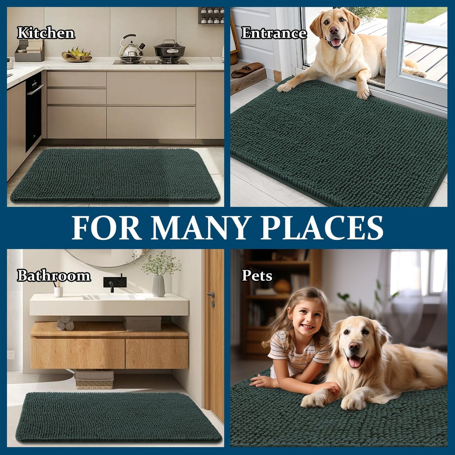 OLANLY Dog Door Mat - Absorbent Non-Slip Washable Doormat for Muddy Paws | 35x24 Blackish Green