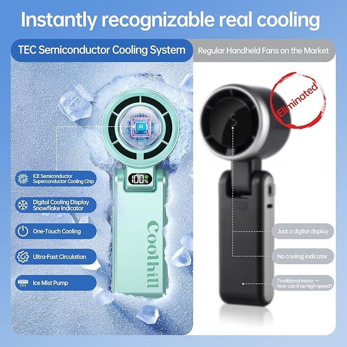 Coolhill Pro Handheld Portable Fan with Ice Cooler: 199-Speed 5500mAh Rechargeable Handheld Fan, 12H Time Hand Cooling Personal Fans with 20000 RPM Air Turbo Tech for Travel Outdoor (Green)