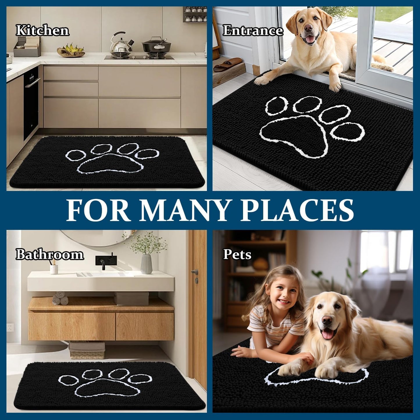 OLANLY Dog Door Mat - Absorbent Non-Slip Mud Mat for Dogs | Paw Print Design, 59x35, Quick Dry Black