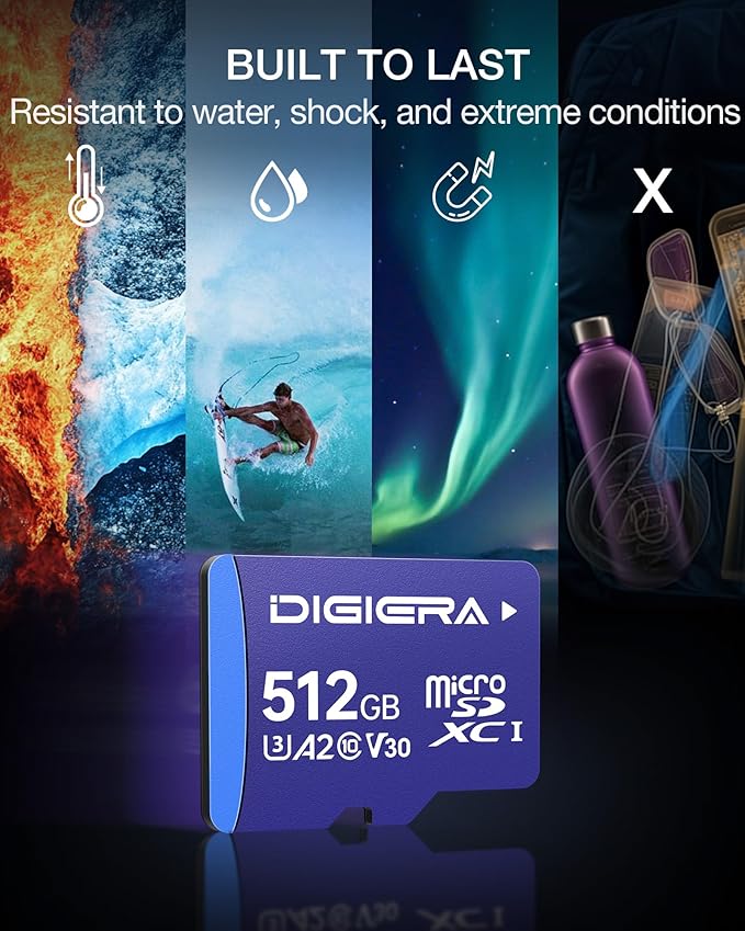 DIGIERA 512GB LT100 microSDXC UHS-I Memory Card with Adapter - up to 170MB/s, C10, U3, V30, 4K, A2, Micro SD Card for Smartphones, Tablets, Cameras, Gaming Consoles, and Drones (1 Pack)