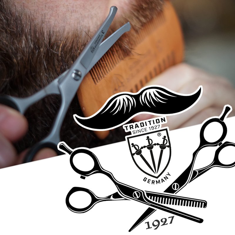 3 Swords Germany – professional BEARD MUSTACHE HAIR SCISSORS with BEARD COMB, stainless steel, straight blade, sharp, with black case