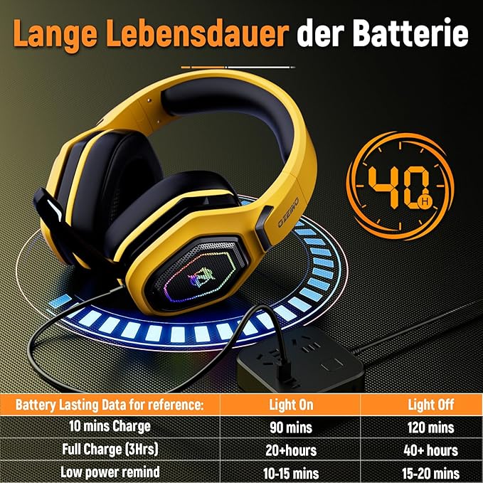 Ozeino Wireless Gaming Headsets for PC, Ps5, Ps4 - Lossless Audio USB-A & USB-C Gaming Headphones with Flip Mic, 30-Hr Battery Bluetooth Headset for Switch, Laptop, Mobile, Mac, Black-Yellow, OW810