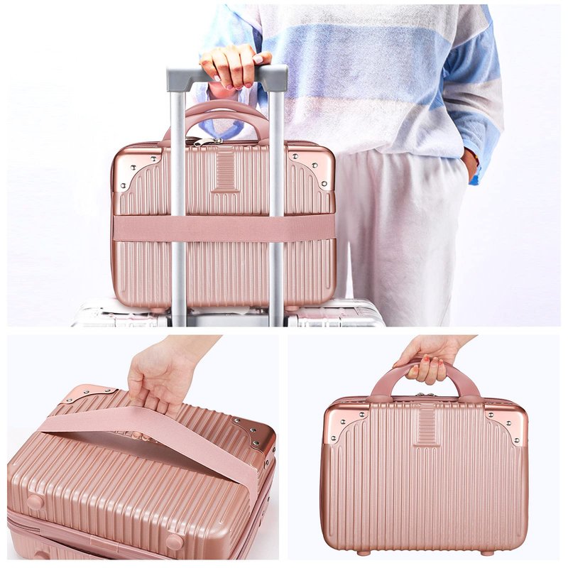 Noverlife 14 Inch Portable Makeup Travel Case Hand Luggage, Pressure-proof ABS Carrying Makeup Case Suitcase with Elastic Band, Small Hard Shell Cosmetic Case for Travel Camping Women Girl - Rose Gold