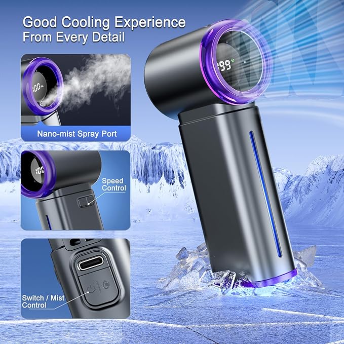 Portable Handheld Fan, Powerful Mini Hand Held Fan, 5000mAh Rechargeable, Digital Display, 1-199 Speeds Adjustable, Personal Fan for Travel Outdoor Camping Home Makeup Commuting, Gifts for Women Men