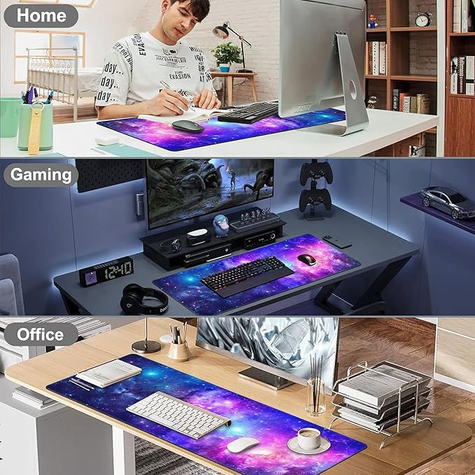NIYLYNSYN Deep Universe Space and Stars Desk Mat,Large Galaxy Space Gaming Keyboard Mouse Pad,Non-Slip Rubber Base Desk Pad Thick Stitched Edges Waterproof Mousepad Mouse Mat 31.5"x11.8"
