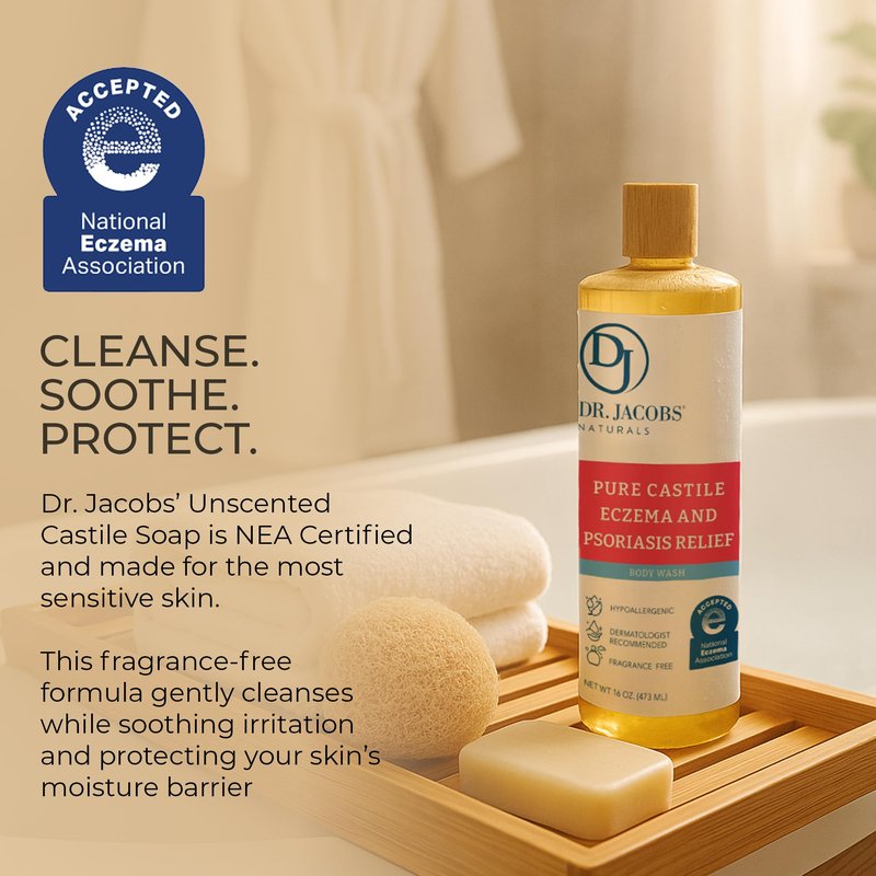 Dr. Jacobs Naturals Hypoallergenic Castile Soap, Dermatologist Tested Unscented Soap for Eczema & Psoriasis Relief - Sensitive Skin Body Wash Vegan & Gluten-Free Formula for All-Day Hydration 16oz-2PK