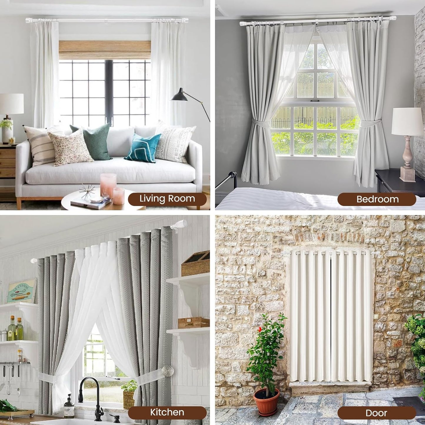 Skiennix Adjustable Curtain Rods - Heavy Duty 1” Diameter | 30 to 144 Inch, Matte White, 2 Pack