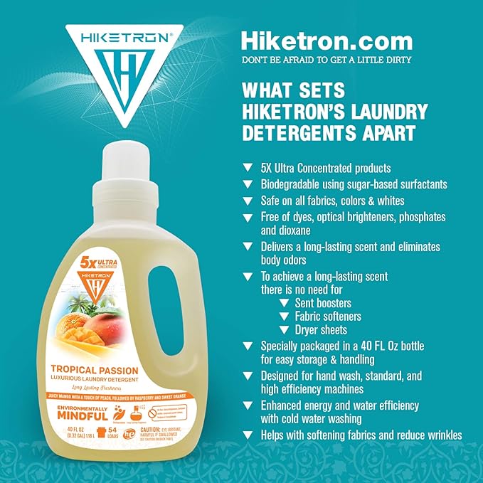 Hiketron Tropical Passion Liquid Laundry Detergent, 5x Ultra Concentrated, Tough Stains Remover, Long Lasting Scent (40 Fl Oz, Pack of 1)