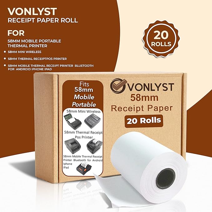 Vonlyst Receipt Paper Roll for 58mm Mobile Portable Thermal Printer (Pack 20 rolls)
