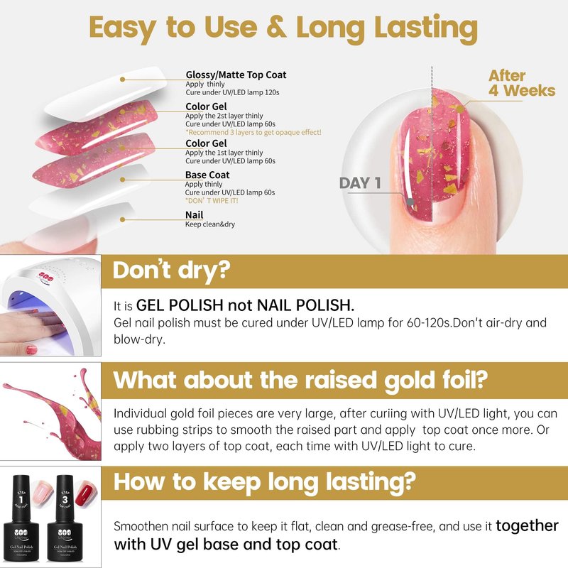 YTD Likomey Nude Gel Nail Polish Set,Translucent Neutral 6 Color with Base and Top Coat Set,Milky White Pink Peach Red Gold Foil Jelly Sheer UV Nail Gel Varnish DIY,8 Pcs 7.5 ml