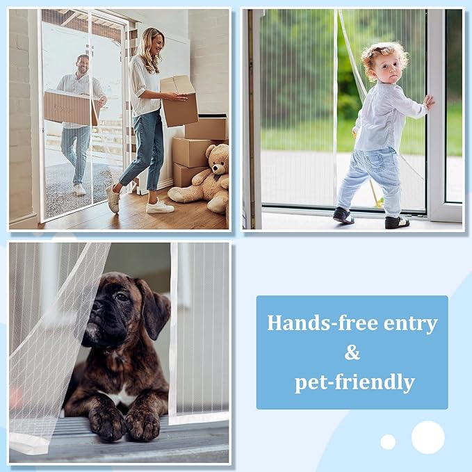 Amzjjle Magnetic Screen Door - Self Sealing, Heavy Duty, Hands Free Mesh Partition Keeps Bugs Out Let Breeze in- Pet and Kid Friendly - Keep Open Feature (White, Fit Door Size 34 x 78 Inch)