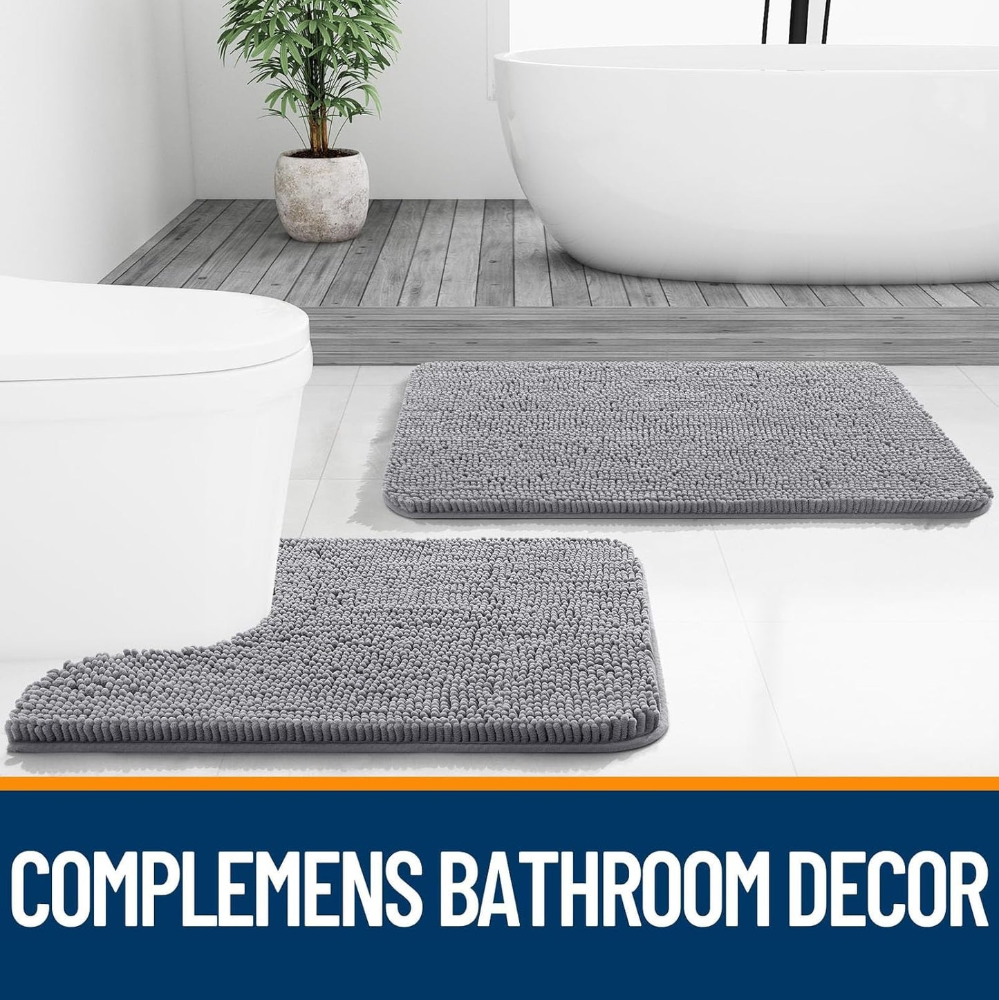 OLANLY U-Shaped Toilet Rug - Extra Soft Chenille, Quick-Dry, Non-Slip Bath Mat | 20x20, Grey