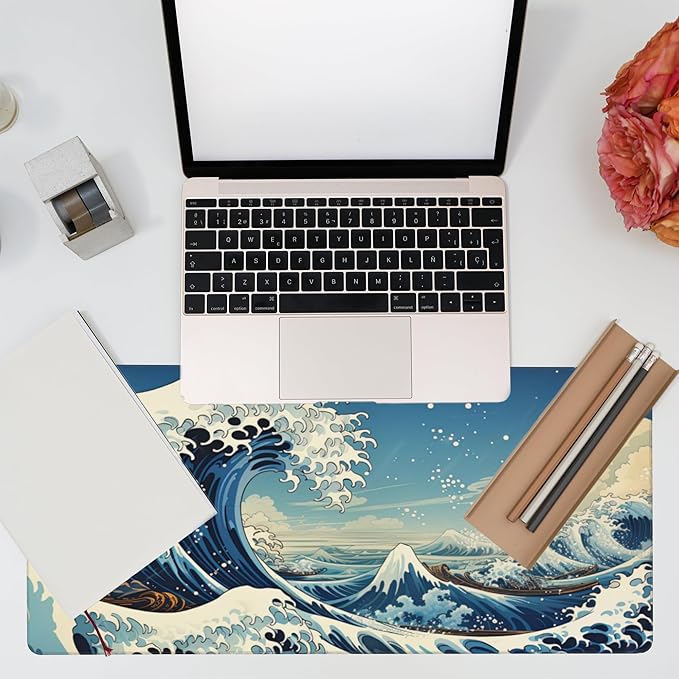 Eflxamz Desk Mat,Blue Japanese Sea Wave Desk Pad,Japanese Sea Wave Large Gaming Mouse Pad for Desk,Extended Big Computer Keyboard Mouse Pad with Non-Slip Base and Stitched Edge,35.4"x15.7"