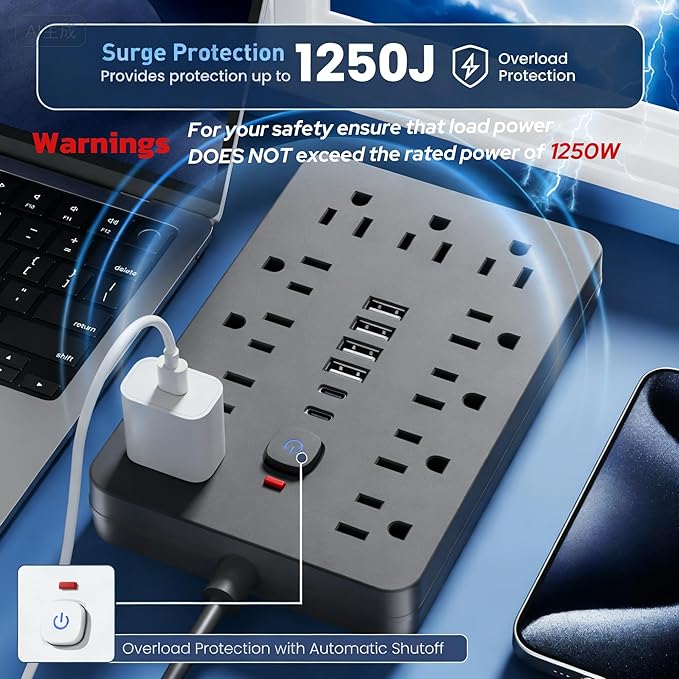 JouleLoom 2PCS 5 FT Flat Plug Surge Protector Power Strip,11 Multiple AC Outlets with 6 USB Ports (2 USB C), 5 Feet Extension Cord, 1250W/10A, One Touch Switch Button, 17 in 1 Compact powerstrip