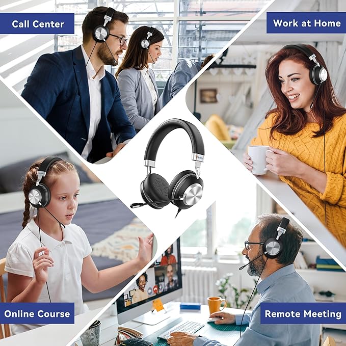 Wantek USB Headset with Microphone for PC, On-Ear Computer Headphones with Noise Cancelling Mic, Mute & Volume Control, USB/USB-C/3.5mm Wired Headset for Teams, Zoom, Online Meetings, Home Office