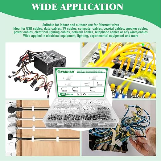 Yauhar 800Pcs 4mm 6mm 8mm 10mm J-Hook Ethernet Cable Nails Wire Clips with Steel Nails and 5/8" 3/4" 1/2" 1" Insulated U Staple Nail for Home Office Business