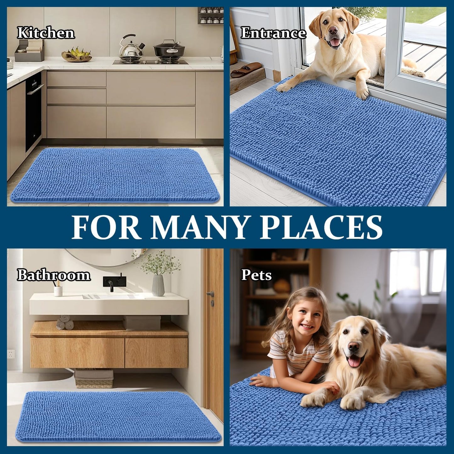 OLANLY Dog Door Mat - Absorbent Non-Slip Mud Mat for Indoor Use | Quick Dry Chenille, 34x21, Cornflower Blue