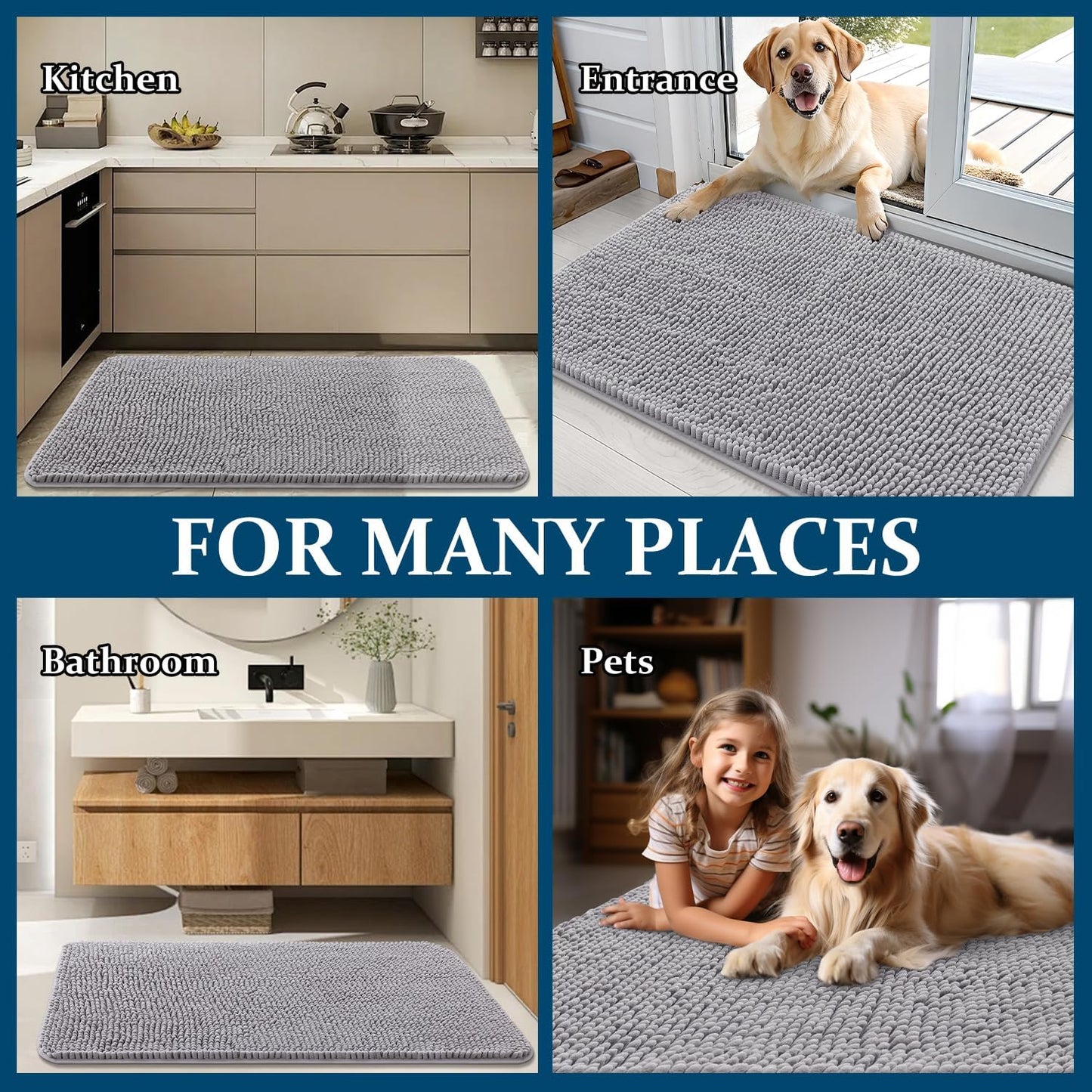 OLANLY Dog Door Mat - Absorbent Non-Slip Chenille Mat for Muddy Paws | 30x20 Light Grey Indoor Carpet