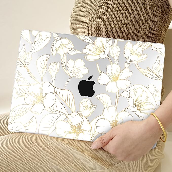 TWOLSKOO for MacBook Air 15 inch Case 2025 2024 2023 Release M4 A3241 M3 A3114 M2 A2941, Plastic Hard Shell & Screen Protector & Keyboard Cover & Type C Adapter, Gold Cherry Blossom