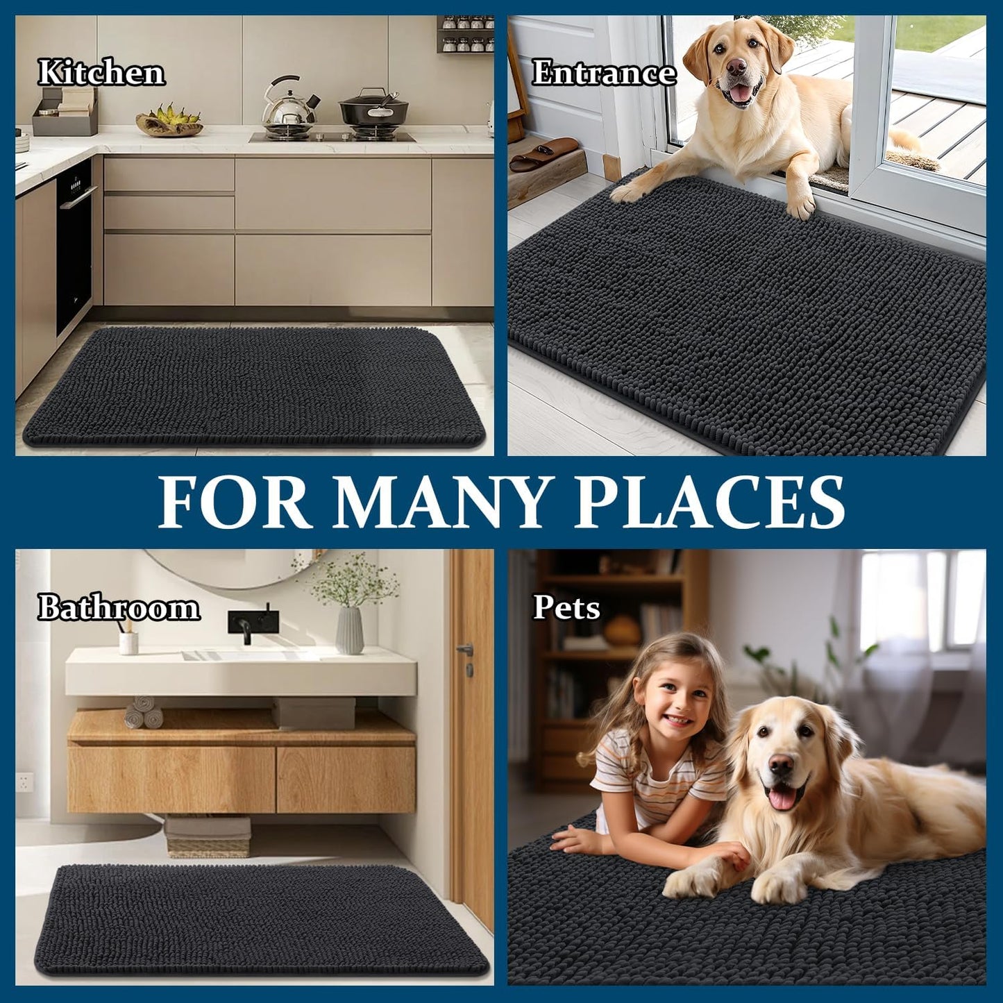 OLANLY Dog Door Mat - Absorbent Non-Slip Chenille for Muddy Paws | 59x32 Inches, Dark Grey