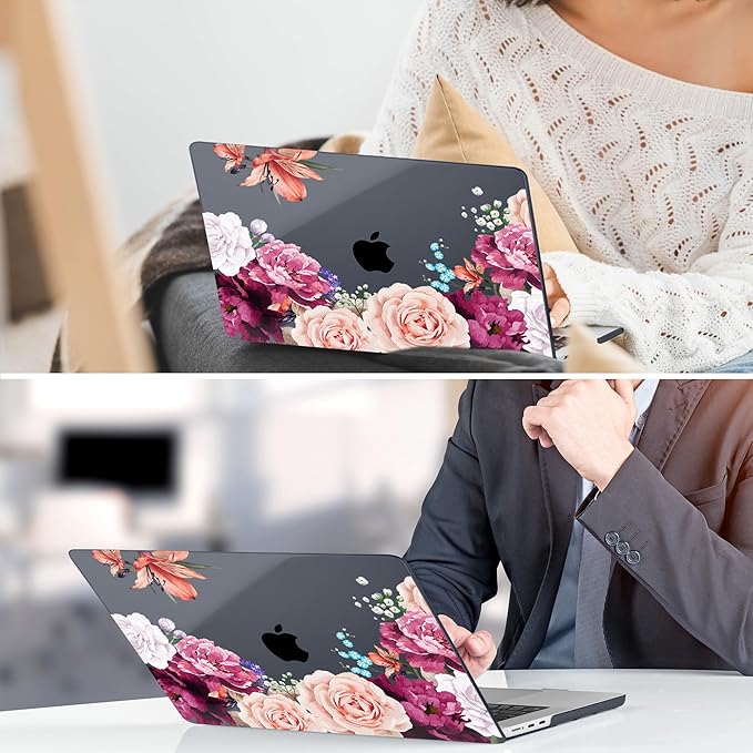 TWOLSKOO for MacBook Air 13 inch Case M5 2026 M4 2025 M3 M2 2024-2022 A3449 A3240 A3113 A2681, Plastic Hard Shell & Keyboard Cover & Screen Film for MacBook Air 13.6 inch Case, Black Peony