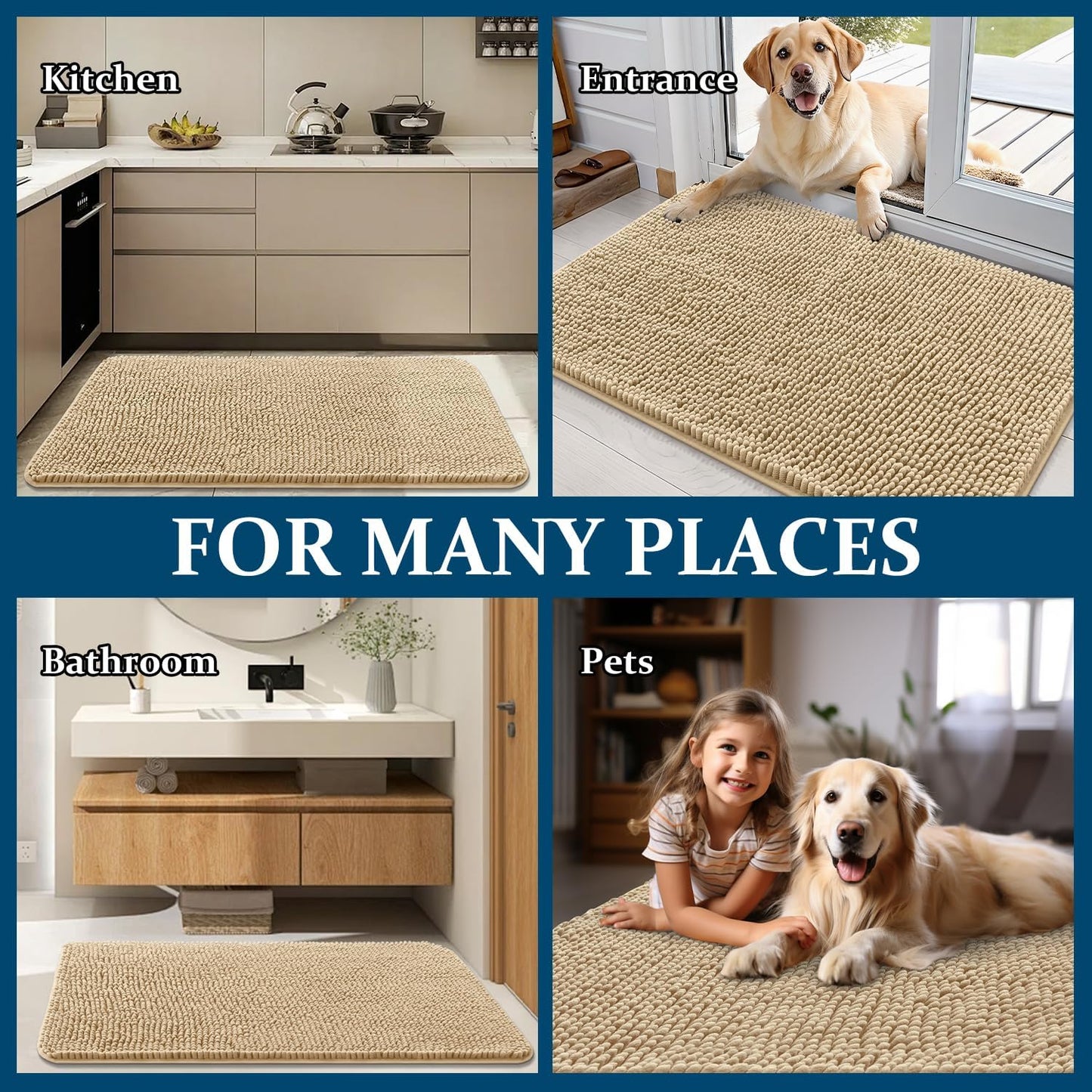 OLANLY Dog Door Mat - Absorbent Non-Slip Chenille Mat for Muddy Paws | 47x17 Inches, Beige