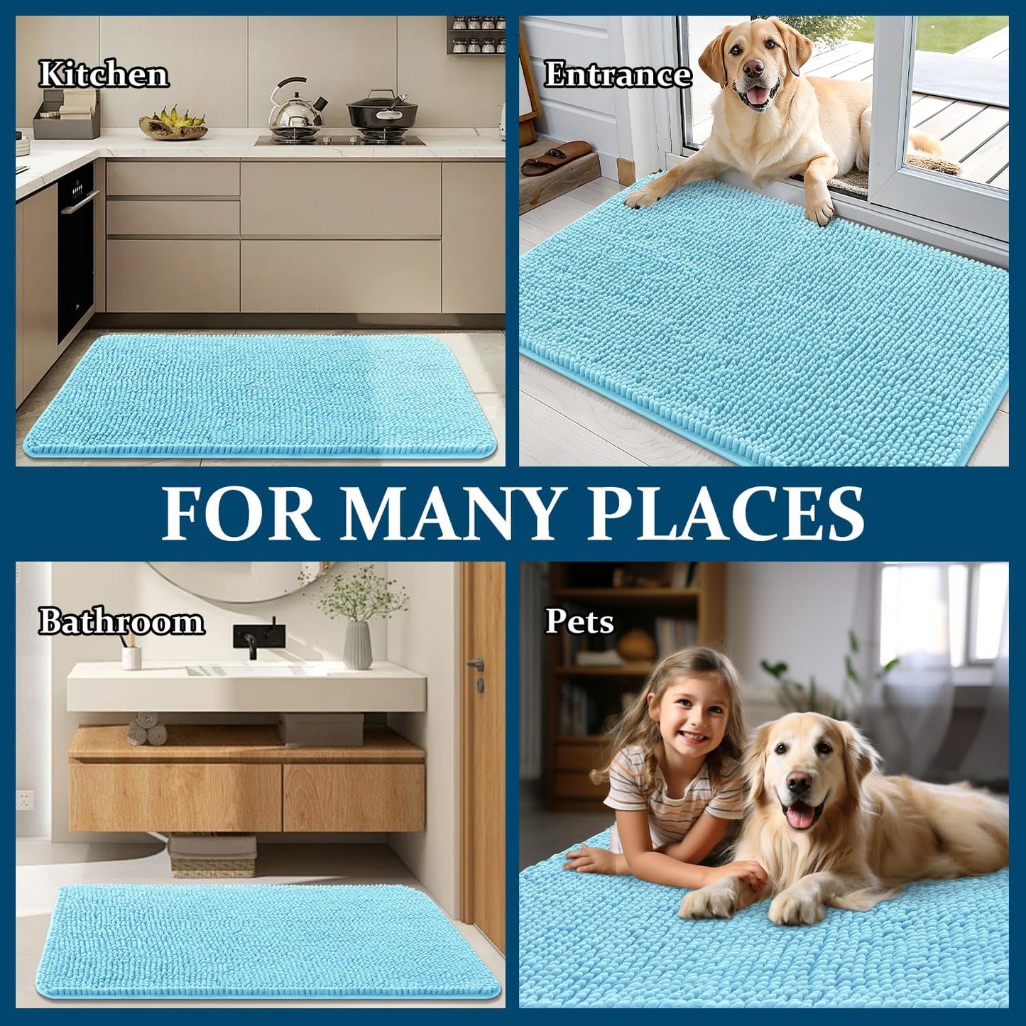 OLANLY Dog Door Mat - Absorbent Non-Slip Washable Chenille Mat for Muddy Paws | 36x24, Blue