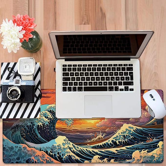 NITAHHHY Gaming Desk Pad Large Extra Length Japanese Blue Waves Mouse Pad Keyboard Laptop Non-Slip Waterproof with Rubber Base Thick Stitched Edge Mouse Mat for Office Home 35.4 x 15.7 Inches