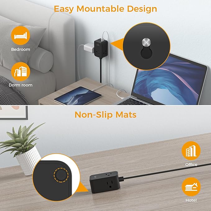 TESSAN Small Flat Plug Power Strip, Ultra Thin Extension Cord 5 ft, 3 AC Outlets with 3 USB Ports (1 USB C), Multiple Wall Outlet Extender for Cruise Travel Office School Dorm Room Essentials, Black