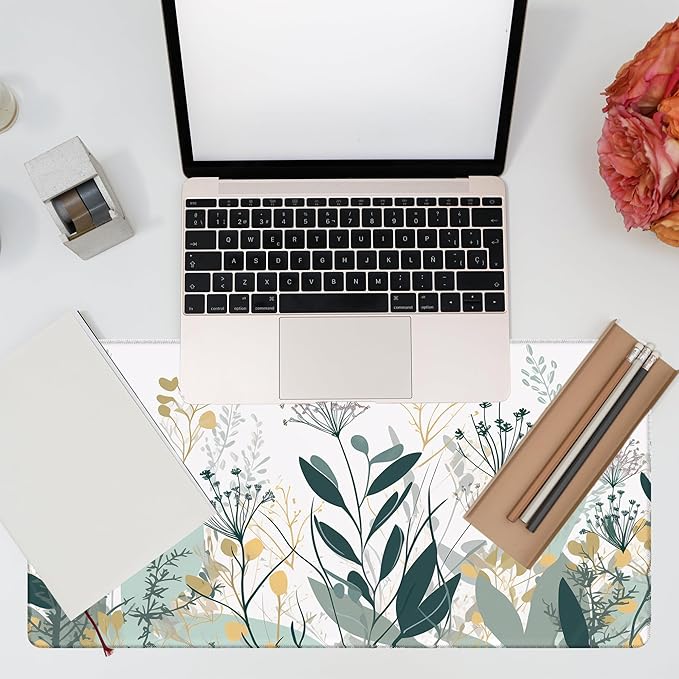 KOAIWPAE Desk Mat, Green Gold Plant Leaves Desk Pad, Wildflowers Large Gaming Mouse Pad for Desk, 31.5"x15.7" Extended Big Computer Keyboard Mouse Pad with Non-Slip Base and Stitched Edge