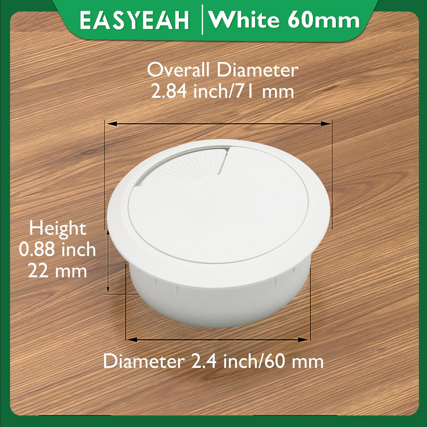 EASYEAH 2 Pcs Desk Grommet 2-3/8" / 60 mm, Desk Cord Hole Cover, Cable Grommet ABS Plastic, Desk Hole Grommet for Home & Office Pc, Detachable Adjustable Cable Cord Organizer-White