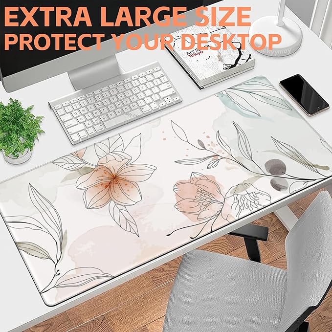 NIYLYNSYN Mouse Pad Large Flowers Watercolor Texture Non-Slip Gaming Desk Mat with Stitched Edge Laptop Keyboard Desk Pad for Work Home Gaming (35.4 x 15.7 Inches)