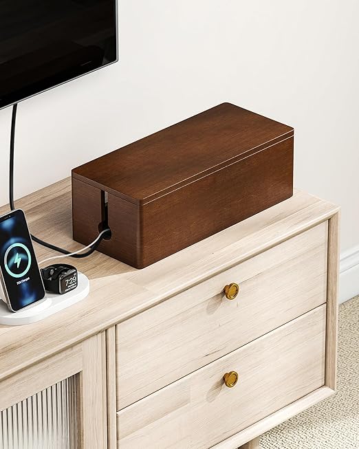 YECAYE Solid Wood Cable Management Box, Walnut Color Cable Organizer Box with Magnetic Closure, for Power Strip & Wire Storage, Cord Organizer, Hide Cords, Home Office Decor,14.2 x 6.1 x 4.1 Inch