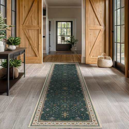 Hazo Haus Dark Green Hallway Runner Rug 12 ft Long - Modern Vintage Boho Eclectic Floral with Brown Accent, Washable Low Pile Non-Slip Extra Long Wide Runner Rugs for Kitchen, 3x12