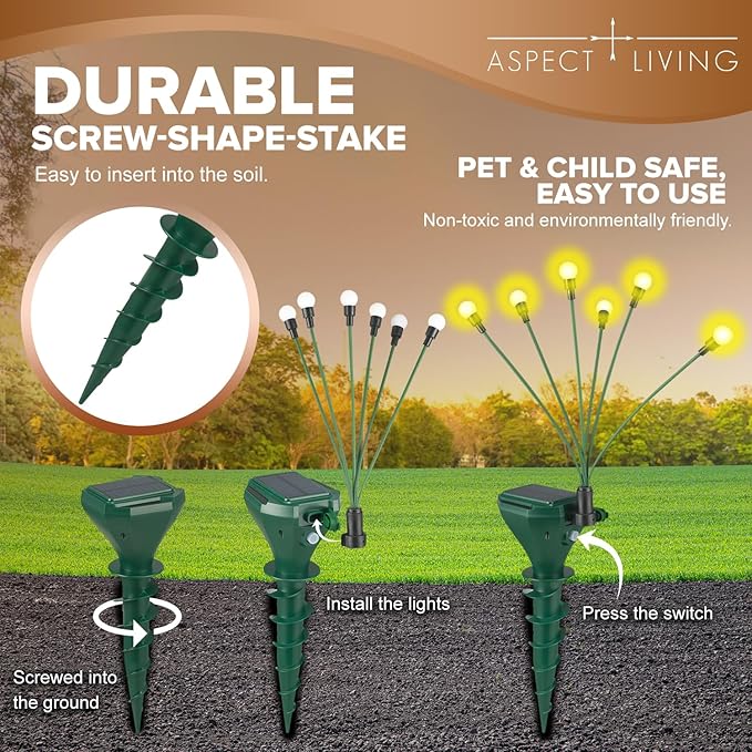 8 Pack Solar Mole Repellent Stakes for Lawn - Gopher Deterrent with Firefly LED Lights, Waterproof Outdoor Pest Control for Voles, Groundhogs, Snakes - Humane Pet Safe Solution