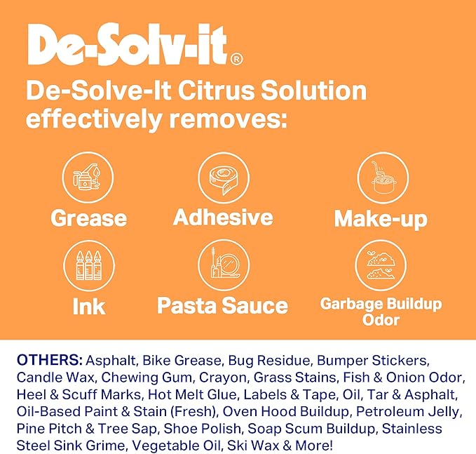 Orange-Sol De-Solv-It Citrus Solution â Multi-Surface Cleaner & Degreaser, Removes Sticky Residue, Oil & Grease, 33 oz (Pack of 2)