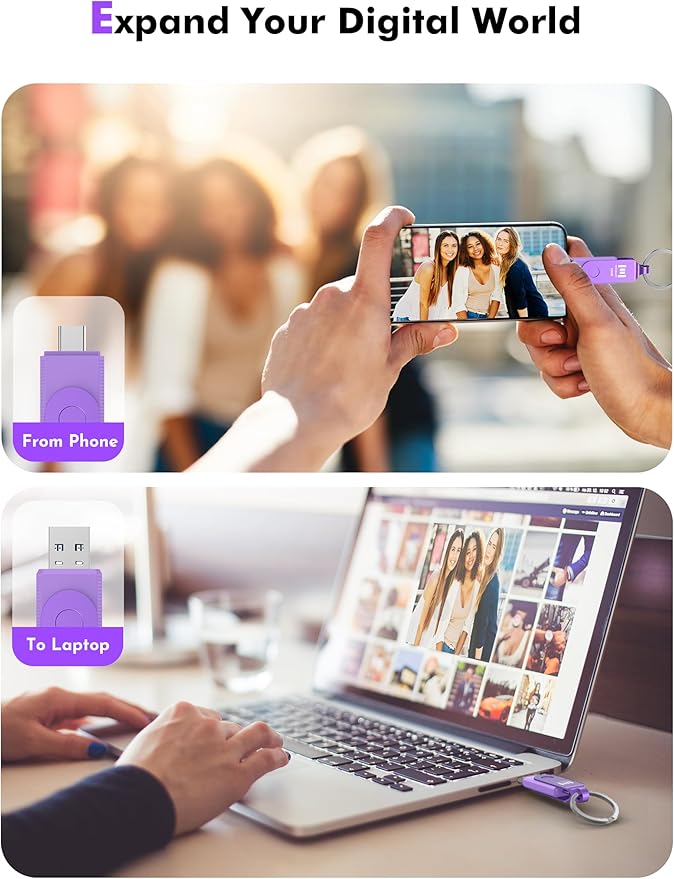 MOSDART 256GB USB C 3.2 Fast Speed C and A Dual Flash Drive, exFAT Memory Stick with Keychain and LED Indicator, for iPhone 15,16,17, Android Phone, iPad, MacBook, and Other Laptops, Purple