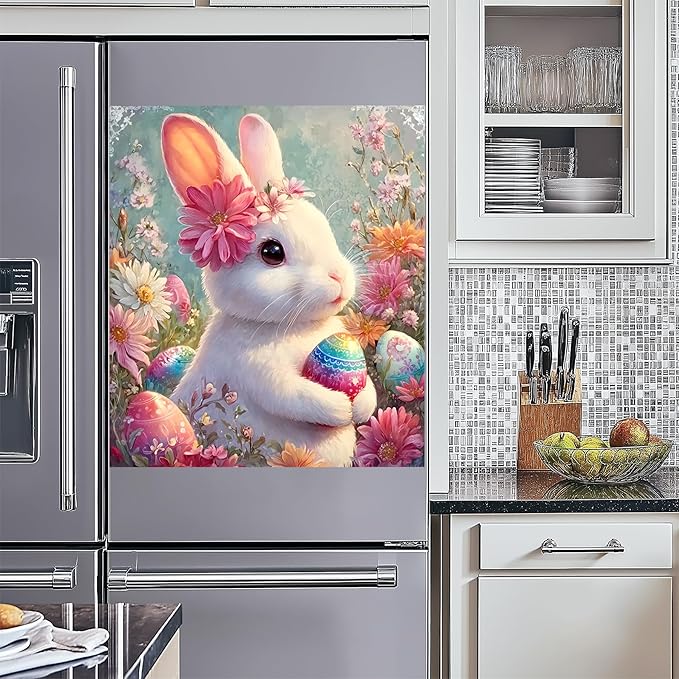 NYZE Easter Dishwasher Magnetic Cover, Bunny Eggs Dish Washer Magnet Cover Panel Waterproof Oil Proof Decorative Sticker for Dishwasher Refrigerator(Bunny with Flower)