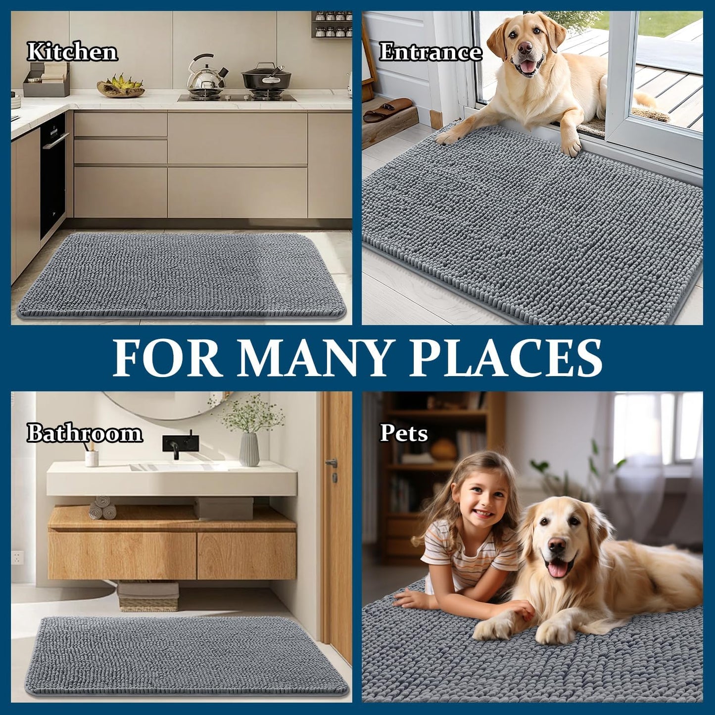 OLANLY Dog Door Mat - Absorbent Non-Slip Chenille Mat for Muddy Paws | 24x16 Inches, Quick Dry, Grey