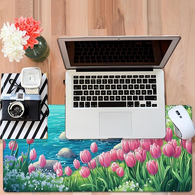 NITAHHHY Large Mouse Pad Blooming Tulips Gaming Desk Pad Computer Keyboard Non-Slip Waterproof Mouse Mat with Rubber Base and Stitched Edges Entertainment Office Writing Desk Mat 35.4 x 15.7 Inches