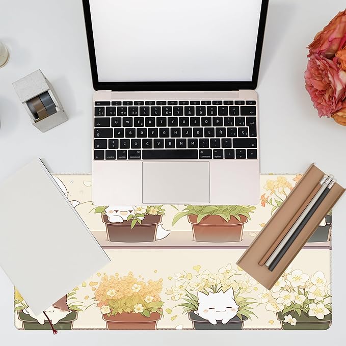 KOAIWPAE Desk Pad, Cute Cat Potted Plant Desk Mat, Anime Kawaii Cat Large Gaming Mouse Pad for Desk, 31.5"x15.7" Extended Big Computer Keyboard Mouse Pad with Non-Slip Base and Stitched Edge
