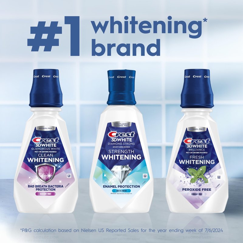Crest 3D White Glamorous White Alcohol Free Multi-Care Whitening Mouthwash, Hydrogen Peroxide Mouthwash, Arctic Mint, 16 fl oz (473 mL) - Pack of 4, Crest Mouthwash