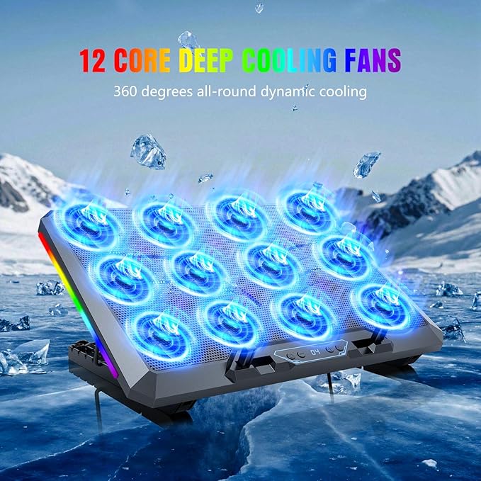 Trullypine Laptop Cooling Pad with 12 Quiet Fans, Slim Portable for 12-17.3 Inch Laptop Cooler Stand, RGB Lighting, with 5 Height Adjustable, Gaming Cooling Fan Pad,Two USB Ports, Phone Holder (LCD)